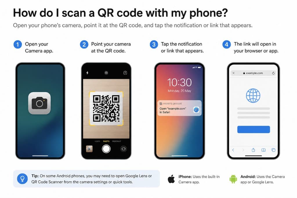 Four-step guide showing how to scan a QR code with a phone camera: open Camera, point at the code, tap the notification, and open the link in a browser.