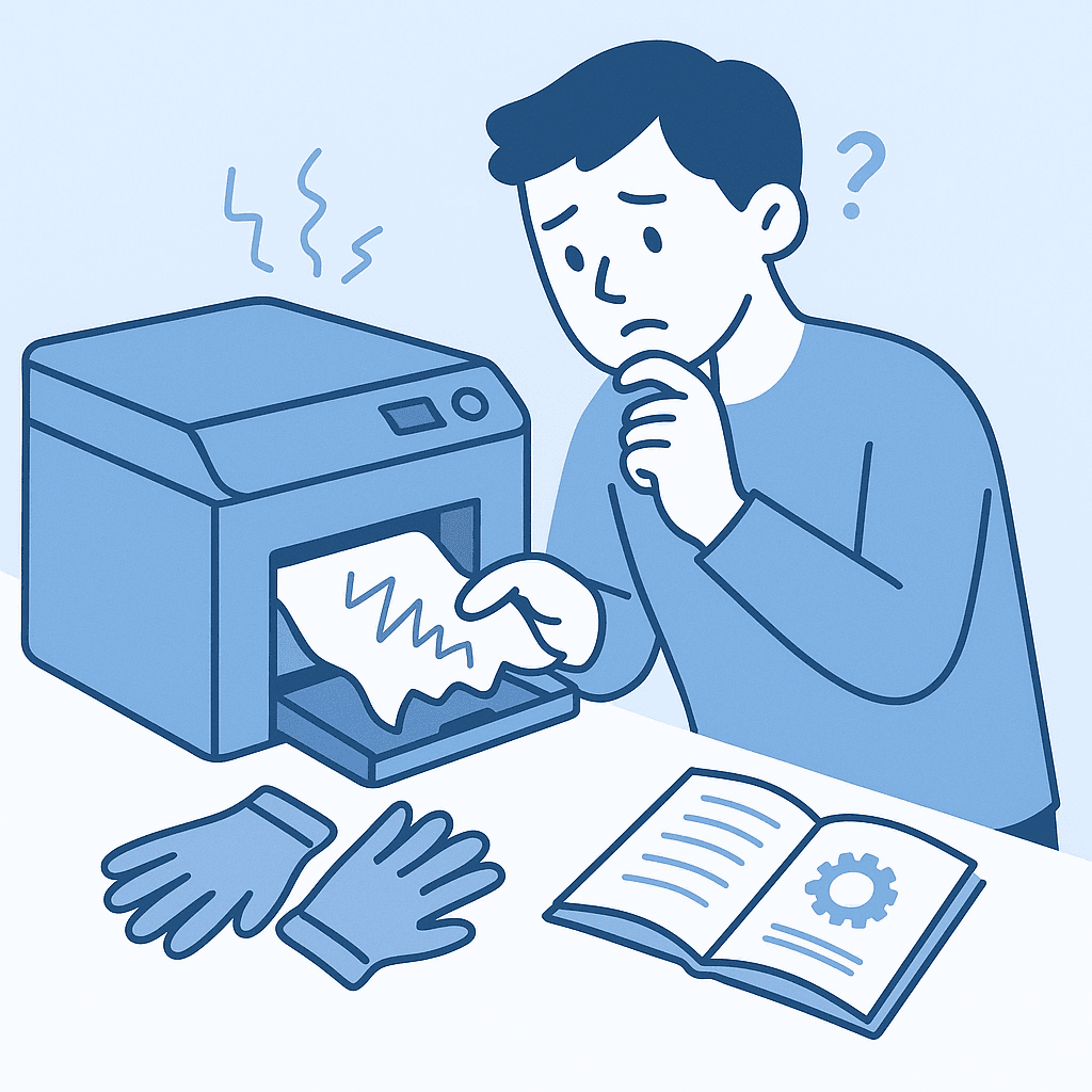 A person looking at a printer with a paper jam, with tools and a manual present.