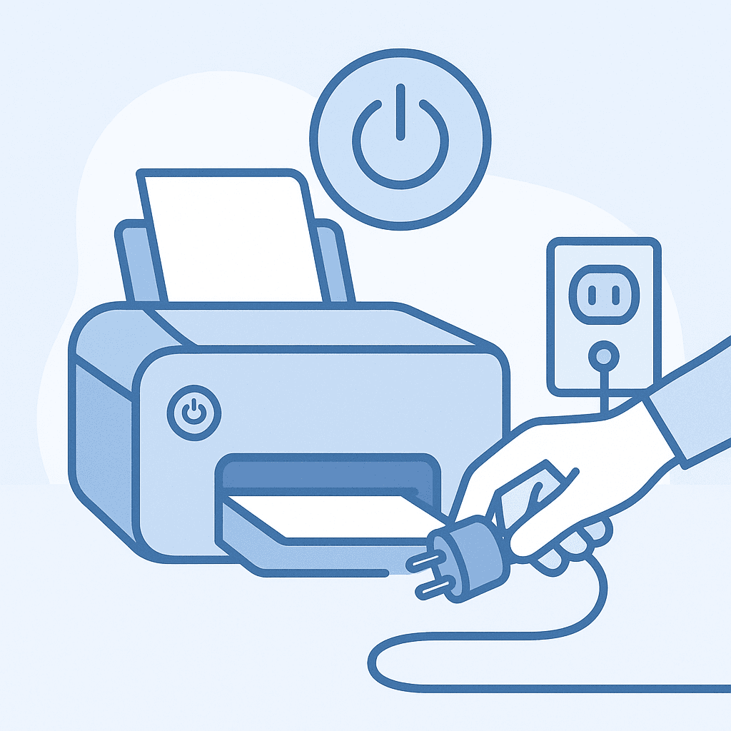 A printer with its power button being turned off and the power cord being unplugged.