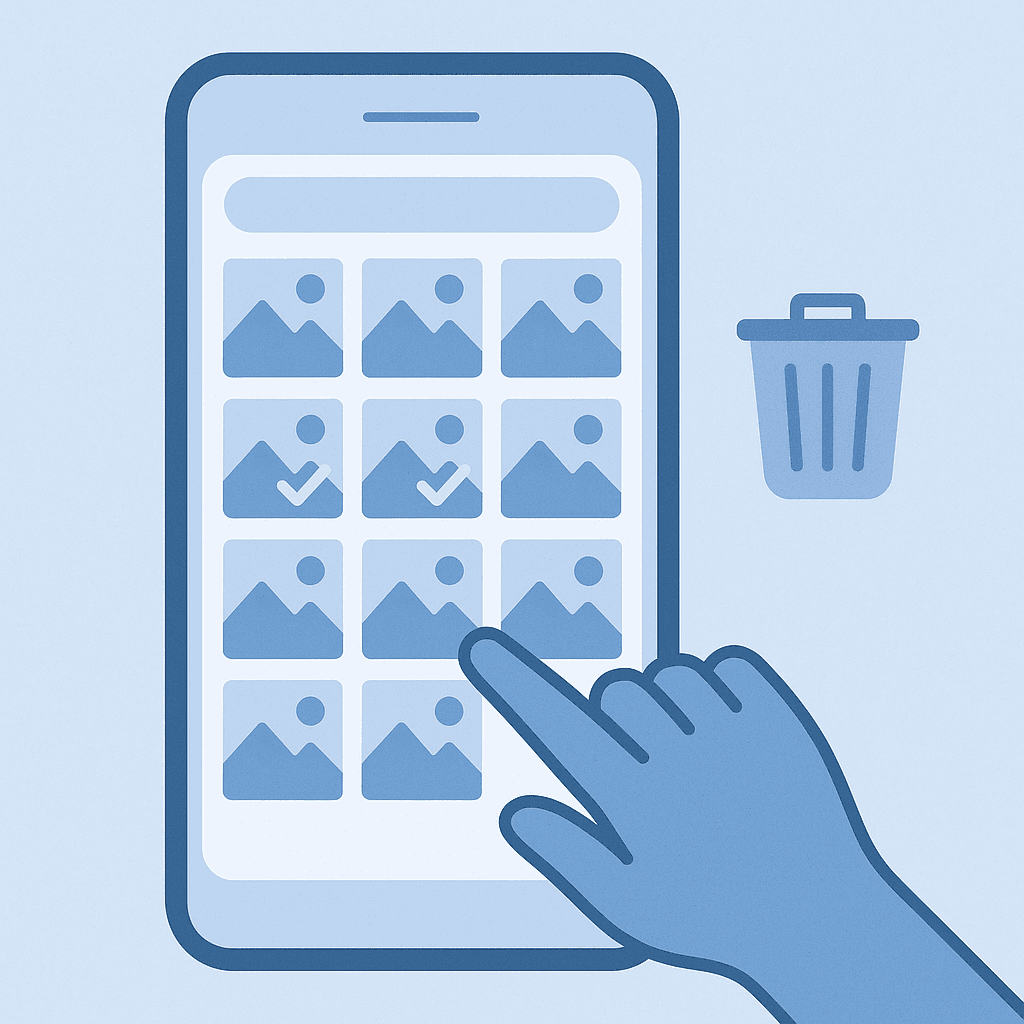 Illustration of a smartphone gallery with photos being selected for deletion.