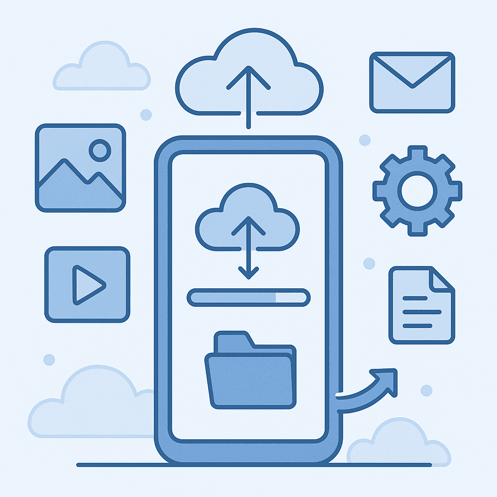 Illustration of a smartphone with app icons and cloud storage symbols, representing storage management.