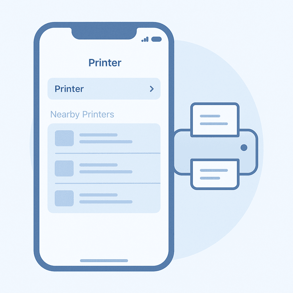 iPhone screen displaying a list of AirPrint printers for selection.