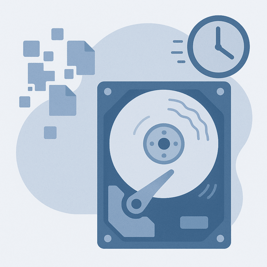 Illustration of a hard drive with fragmented files and a slow performance motif.